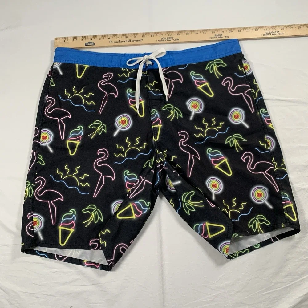 Top Drawer Men's Black Neon Signs Flamingo Board Surf Shorts Swim Trunks Size XL